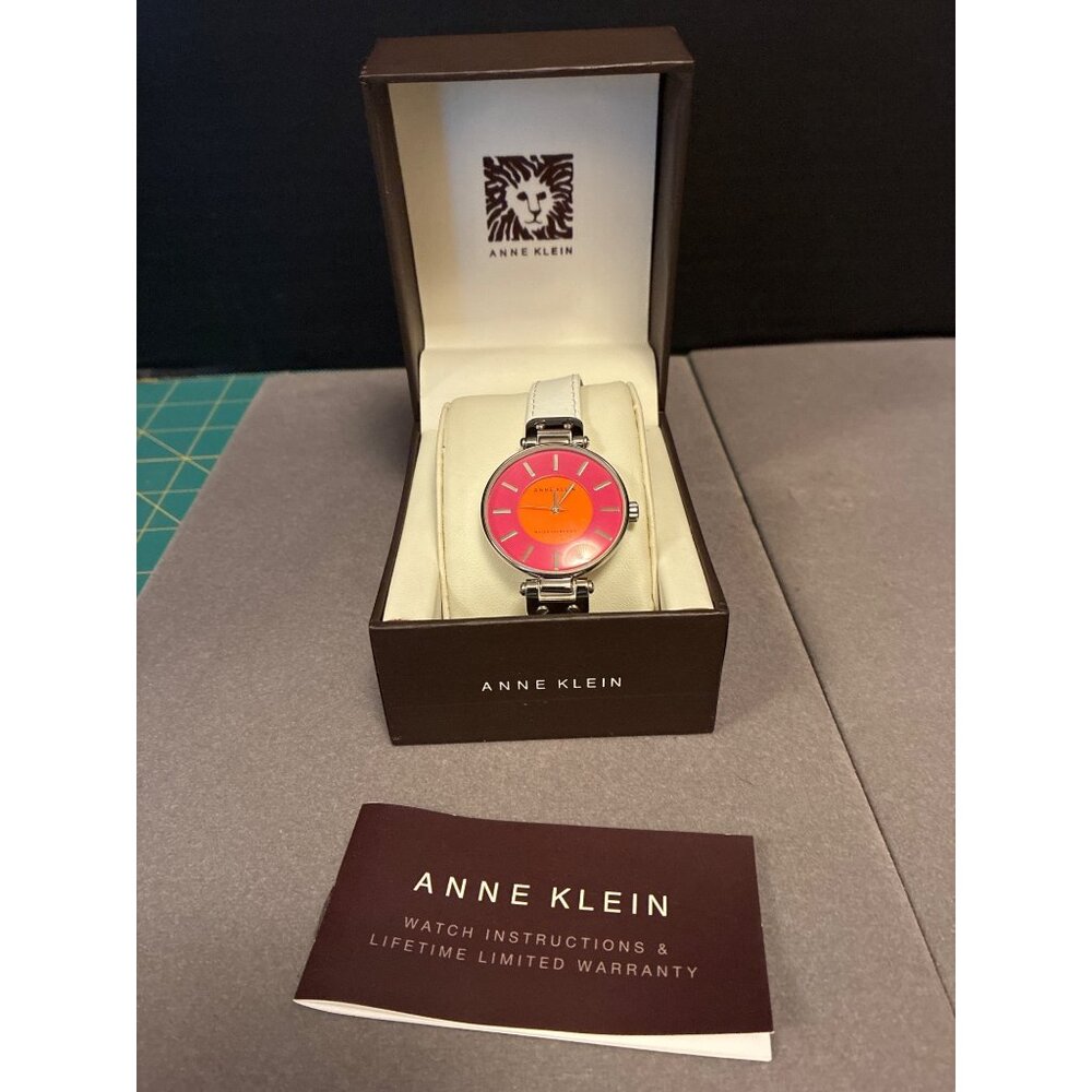 Anne Klein Stainless Steel Quartz Womens Watch  White Leather Band  Pink-Orange - Picture 2 of 8
